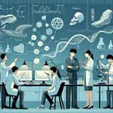 Illustrate a scene where a group of scientists are in deep discussion in a laboratory setting. They are examining various elements such as graphs, data charts, fossils, and DNA sequences, symbolizing the connection between reasoning, evidence, and explanation. The scene also subtly alludes to the concepts of natural selection and survival probability. One scientist, an Asian male, is pointing at a data chart, another scientist, a South Asian female, is scrutinizing a fossil. In the background, a Caucasian scientist is analyzing DNA sequences on a computer. Make sure the image contains no text.