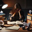 An image symbolizing a distressed student seated at her wooden desk at night, looking at a pile of geometry textbooks and notes spread across the table. Use elements to illustrate stress and determination: crumpled balls of paper, a calculator, geometric shapes drawn on a notebook, and an empty mug indicating that she's been working for a long time. Set the scene with dim lighting from a single desk lamp, casting soft shadows.