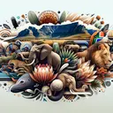 An abstract composition representing the diverse culture and landscapes of South Africa. The rendering should include elements such as Table Mountain, indigenous wildlife like elephants and lions, unique foliage such as protea flowers, and symbolic representations of South African traditions. Please avoid including any text in the image.