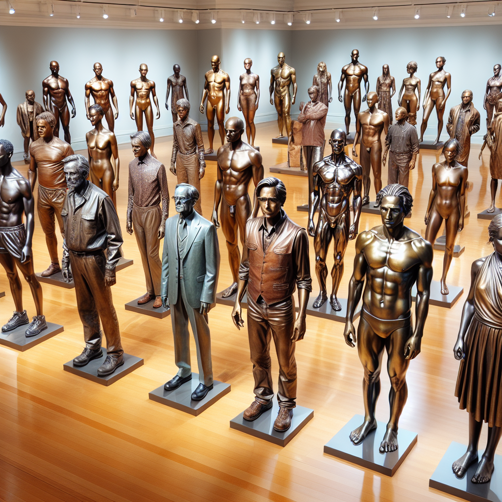 An indoors scene of a collector's hall filled with life-size, life-like bronze sculptures of different humans. The sculptures showcase diverse races and genders, and their hyper-realistic details and shine of the metal are evident. The sculptures range from athletes to scholars, workers to entertainers, all standing tall and proud. The sculptures are evenly spread throughout the room on polished wooden floors, with soft lighting highlighting their metallic glow.