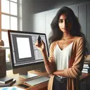 Create an image showcasing a South Asian woman standing and holding a flash drive in her right hand. She is stationed in a well-lit office space with a sleek computer screen in the background. The screen displays a crisp white, blank document. Characterizing the scene is a mix of modern equipment and warm ambient lighting, highlighting the interplay of technology and creativity.