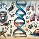 An artistic rendition of a DNA double helix structure in the background. In the foreground, display a variety of animals such as a lion, a bird, and a fish, to represent the variety of organisms with DNA. Alongside, illustrate symbols of lungs and gills indicating respiration methods among vertebrates. Further, include the image of a starfish and a snail distinctively showing their characteristic features, signifying their inclusion in invertebrates. Make sure the image clearly demonstrates these elements without any textual clues.