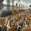 Illustrate a scene set during World War II that showcases signs of job growth in Washington. The image should depict a bustling shipyard with workers of both genders and diverse descents – Caucasian, Hispanic, Black, Middle-Eastern, South Asian, and White – actively engaged in construction and loading of military supplies. Freight trains loaded with goods should be seen in the background, symbolizing increased demand for supplies and other goods. Make it clear that the scene is from the past, with historical details such as 1940s attire and technology. Please ensure the image contains no text.