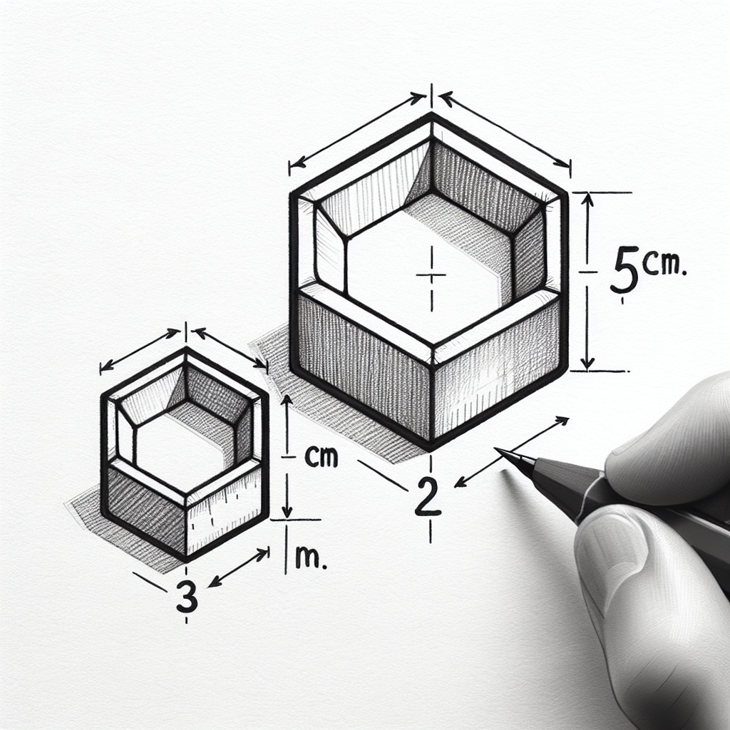 Create a detailed illustration featuring two hexagons side-by-side, both oriented in the same manner. One hexagon is noticeably smaller than the other, with its sides measuring 2 centimeters, while the larger hexagon has sides measuring 5 centimeters. Each hexagon should be marked with its corresponding side length to emphasize the size difference. The hexagons should be neatly drawn and shaded, positioned against a simple, non-distracting background.