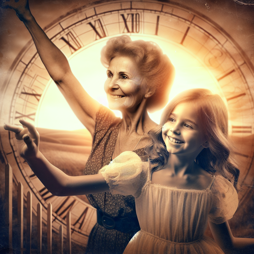 Create a nostalgic image that portrays two sisters, one who is mature resembling age around 30s and the other is a teenager giving an impression of being in her early teens. The sisters are engaging in jubilant activities, signifying 'Joy'. In the background, evoke a sense of time passage with such details as a fading sun or falling leaves. Please leave the image free of any text.