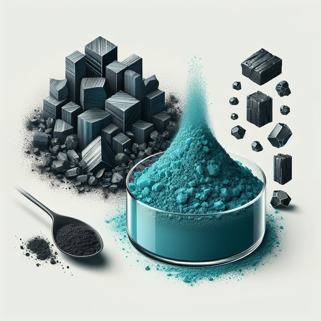 Create a visually appealing image featuring two prominent elements, copper (II) oxide and carbon. The copper (II) oxide should be represented as a vibrant, blue-green powdery substance, while the carbon should appear as dark, crystalline structures like charcoal. Ensure there's an impression of interaction or reaction between the two substances. Note that the image should contain no text.