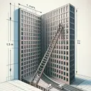 Generate an image that portrays a spatial scene. This scene includes a ladder, which is 12 meters long, leaning against a wall of a skyscraper. At the bottom of the ladder, suggest motion to represent it sliding away from the wall at a quick pace of 1.5 m/s. Show the top of the ladder in a position such that it is only 3 meters above the ground hinting its motion downwards. Edit out any real-world text from the image and do not include any new text.