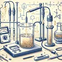 Illustrate an image that showcases the process involved in a chemistry experiment. Picture a laboratory setup with electrochemical cells where a current is passed through a gold salt solution. Do not write any numbers or text. Make sure to showcase the tools typically used in chemistry labs such as an ammeter for current measurement, a beaker filled with a solution of gold salt and electrodes placed into it, gold particles being separated and deposited at the bottom, lab timer and a scale for weighing. The overall ambiance should be scientific and inquisitive.