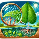 A vibrant illustration showing the process of releasing water through tiny holes in the leaves of plants. In the foreground, present a detailed view of a lush, green leaf under a microscopic lens, with water droplets forming on its surface, indicating the process of transpiration. The leaf should be attached to a plant with an intricate network of roots visible beneath the soil, demonstrating water uptake. The background should depict a sunny day with a few clouds scattered in the blue sky, signifying the role of sunlight in this process.