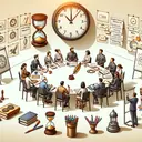Create a detailed image showing a diverse group of people of varied descents and genders engaged in a lively discussion. Show different elements in the room, such as a large round table where they are seated, a flip chart with a calligraphy pen and a container of color markers nearby. Also, include a giant analog clock on the wall showing a precise time. On side tables, please include some items that represent the given group discussion strategies. It could be a parchment with a wax seal for 'setting rules', a sand hourglass for 'deciding deadlines', a compass for 'determining objectives' and chess pieces for 'identifying roles'.