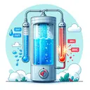 Illustrate a clear water heater functioning. It's a cold day, hence the water entering the heater being at a temperature significantly lower than room temperature, visualized by blue droplets. Emitting from the other end of the heater, visualize water at a significantly higher temperature, indicated by radiant red droplets. Illustrate a thermometer next to each stream of water, one displaying 25⁰C and the other 80⁰C, to signify the temperature difference. Do not include any written text in the image.