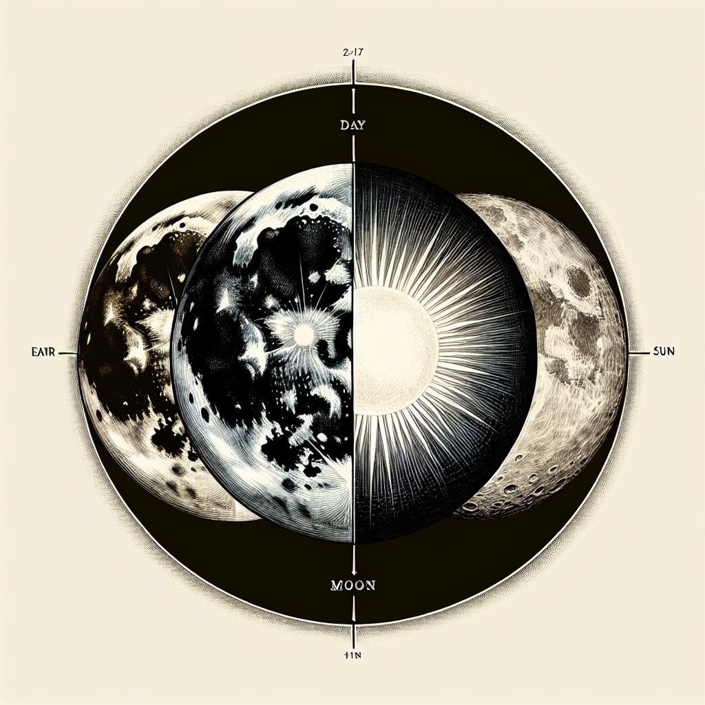 An astronomical illustration depicting the relative positions of the Earth, Moon, and Sun. The Moon is positioned in between the Earth and Sun, signifying a particular phase of the lunar cycle. With day representing Earth on one end and the brightness of the sun on the other, the moon appears in an invisible or darkened state due to this alignment. Notably, the image should have an enticing artistic quality but without the inclusion of any text.