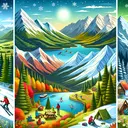 Create an image of a picturesque view of Colorado's mountains during different seasons. Depict the breathtaking peaks, surrounded by lush greenery during summer, covered with vibrant autumn leaves, under a blanket of snow during winter, and blooming with flowers in spring. Illustrate a variety of adventurous activities like a hiker on a trail, a group of skiers sliding down the slopes, a couple picnicking by a lovely lake, and a family camping under the starry night sky, thus making it an ideal vacation destination.