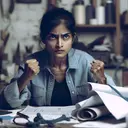 Create an image of a determined South Asian woman, passionately immersed in her project. Her eyes gleaming with absolute resolve, depict her sleeves rolled up as an indication of her dedication and exertion. Express her sitting at a cluttered work station, surrounded by papers and stationeries, showcasing her utmost effort and commitment to her work.