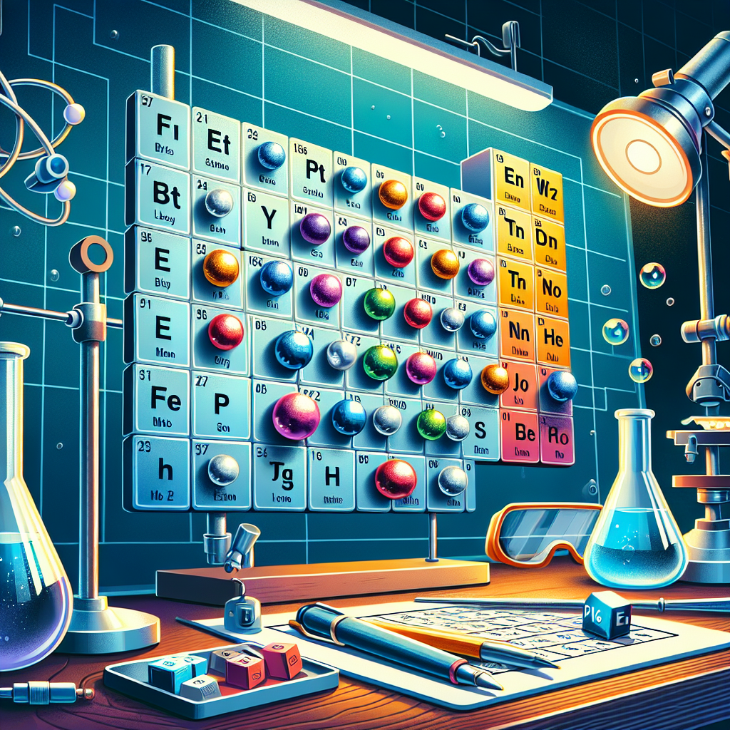 Create an engaging image representing the concept of reactivity in the periodic table without any text. The image should have two distinct groups of elements visually differentiated, hinting at their high reactivity. The elements should be depicted as various colored spheres on a grid, representing their position in the periodic table. The background should be a lab environment with scientific equipment like test tubes and bunsen burners, emphasizing the experimental nature of chemical reactions. Safety equipment like goggles and gloves also needs to be depicted to convey the reactivity of these elements.