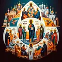 Create an artistic depiction that symbolizes the causal factors behind the schism of the eastern and western churches. The image should include symbolic representations of the following: the differing interpretations of icon use, the disagreement regarding Christ's divinity, the different views on church leadership and authority, and the disagreement about the scripture language. Please ensure that there is no text present in the image.