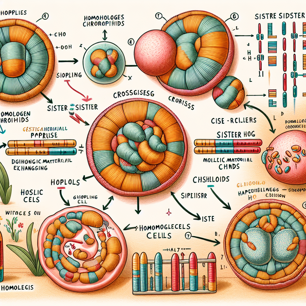 Illustrate a highly detailed image that visually explains the process of genetic variation and crossing over, without using any text. Include concepts such as homologous chromatids pairing up and genetic material exchanging. Make sure to differentiate between sister and non-sister chromatids. Also, provide a visual representation of diploid and haploid cells formation by splitting of homologous chromosomes and chromatids.