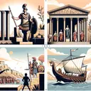 Create an image that correlates with a history test about the Roman Empire. Illustrated scenes should include: Romans using concrete for construction, showing its lightness and ease of use; the peaceful reign of Emperor Caesar Augustus; and the Roman navy on the Mediterranean Sea, combating piracy. All of the scenes are to signify the right answers to an implied quiz, and should convey the theme of success and achievement.