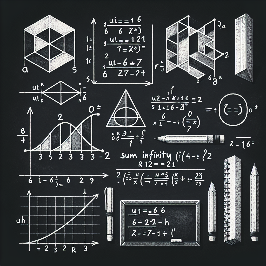 Illustrate a chalkboard with several mathematical equations written on it. Include a geometric sequence with its second term labeled as 6, and show the sum of the sequence as 27. Also, depict a written formula 'u1=6/r' and the formula for the sum of an infinite geometric series 'sum infinity = u1/1-r, [r]<1'. Exclude any text explanation or question, focusing solely on the mathematical demonstration.