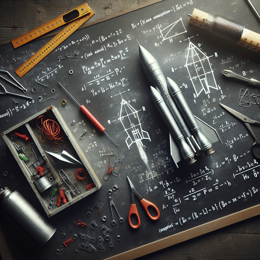 A high-angle view of a workbench where a model rocket is being assembled. Show the rocket's design, emphasizing its motor and general structure. Next to the first rocket, lay out the pieces for the second model rocket - ensuring its potential mass is depicted as being different from the first one. Display the applicable physics formulas in the air, hovering over the rockets without any specific text. The image should reflect the nuances of the given question about the changes in design to affect the acceleration of the rocket, but without giving away the answer.
