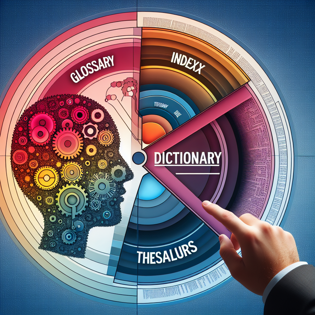 Create a conceptual image that can accompany the concept of finding the meaning of technical words. The image should comprise four distinct areas each symbolizing a glossary, dictionary, index, and thesaurus. However, highlight the area representing a 'dictionary' subtly, to portray it as the answer to the posed question. Ensure there is no text within the image.