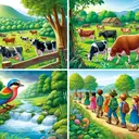 An idyllic rural landscape featuring several key elements. Show a verdant field where a herd of cows of different breeds are peacefully grazing the lush grass. Position a small bird with brightly colored feathers perching on a rustic wooden fence. Nearby, a group of children of various ages, genders, and ethnic backgrounds, depicting a wide range of global desents such as Caucasian, Hispanic, Black, Middle-Eastern, and South Asian, are on a path, looking curiously at the bird as if on their way to school. To complete the scene, depict a bubbling stream nestled among dense, leafy trees, its waters flowing quickly.