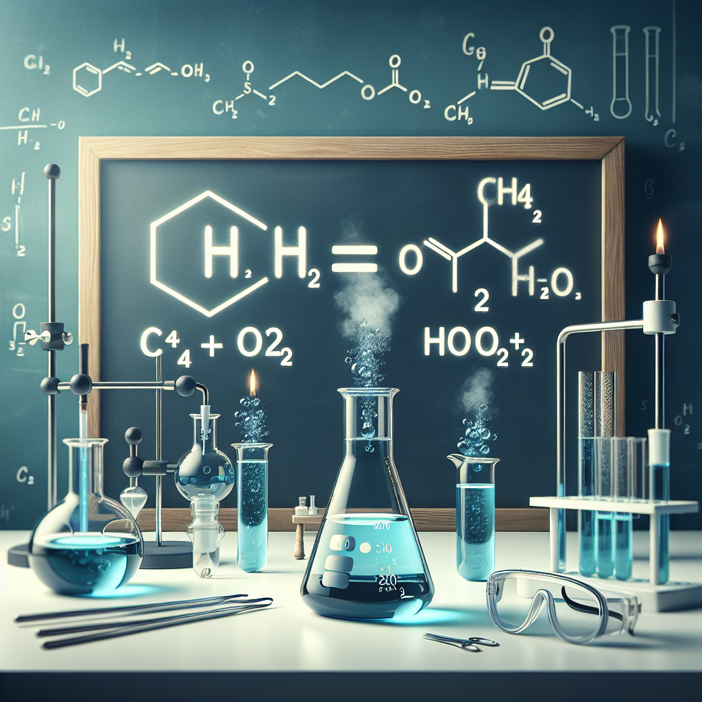 Create a visually engaging image that revolves around a chemical reaction. Design a laboratory scenario with glass beakers, Bunsen burner, and safety goggles on a white table. Illustrate a chalkboard in the background showing the chemical equation 'CH4 + 2O2 → CO2 + 2H2O'. Make sure there is no text other than the equation on the chalkboard. Show the process of adding one more Oxygen molecule to the equation (making it 3O2) and the resulting change in the beakers, specifically one beaker having an extra volume of gas, representing the extra O2 molecule. Do not include any text in the image.