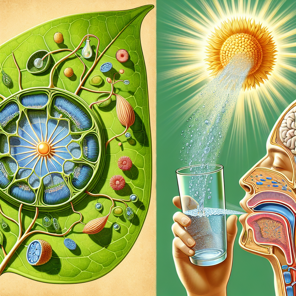 An intricate illustration of the process of photosynthesis taking place in a leaf cell under the sun, with close-ups of the detailed cellular structure and chloroplasts. There's also a visual representation of a human blowing on a glass of water in a sunbeam. The water and the human breath interact, but no formation of glucose and oxygen occurs, unlike in the leaf.