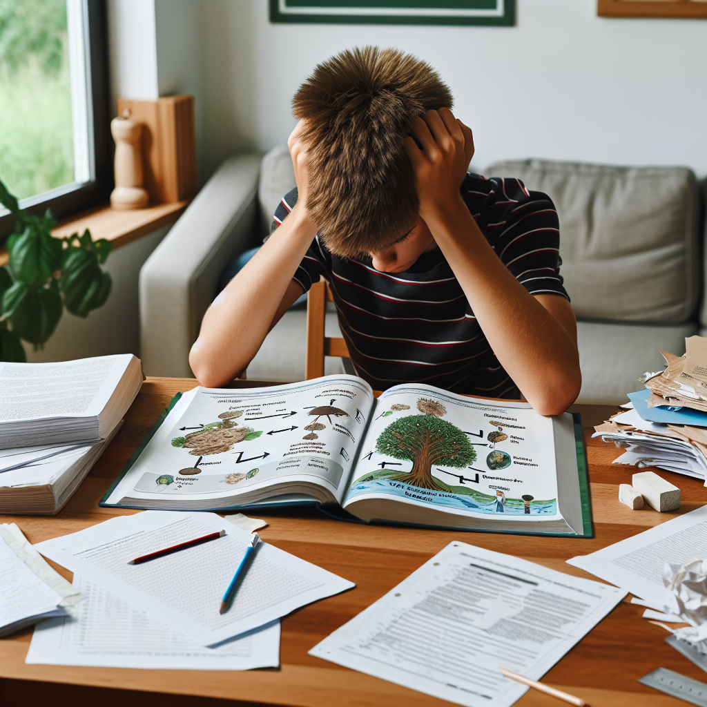 A 6th-grade student sitting at a wooden desk, overwhelmed with study materials related to a 'Human Impact on Environment Unit Test'. The Caucasian male student is scratching his head, looking at a large textbook on environmental studies, which is open at a diagram depicting the impact of humans on the forest. A few papers related to the topic are scattered around the desk, along with a pencil, an eraser, and a ruler. The setting is a quiet, well-lit studying room.