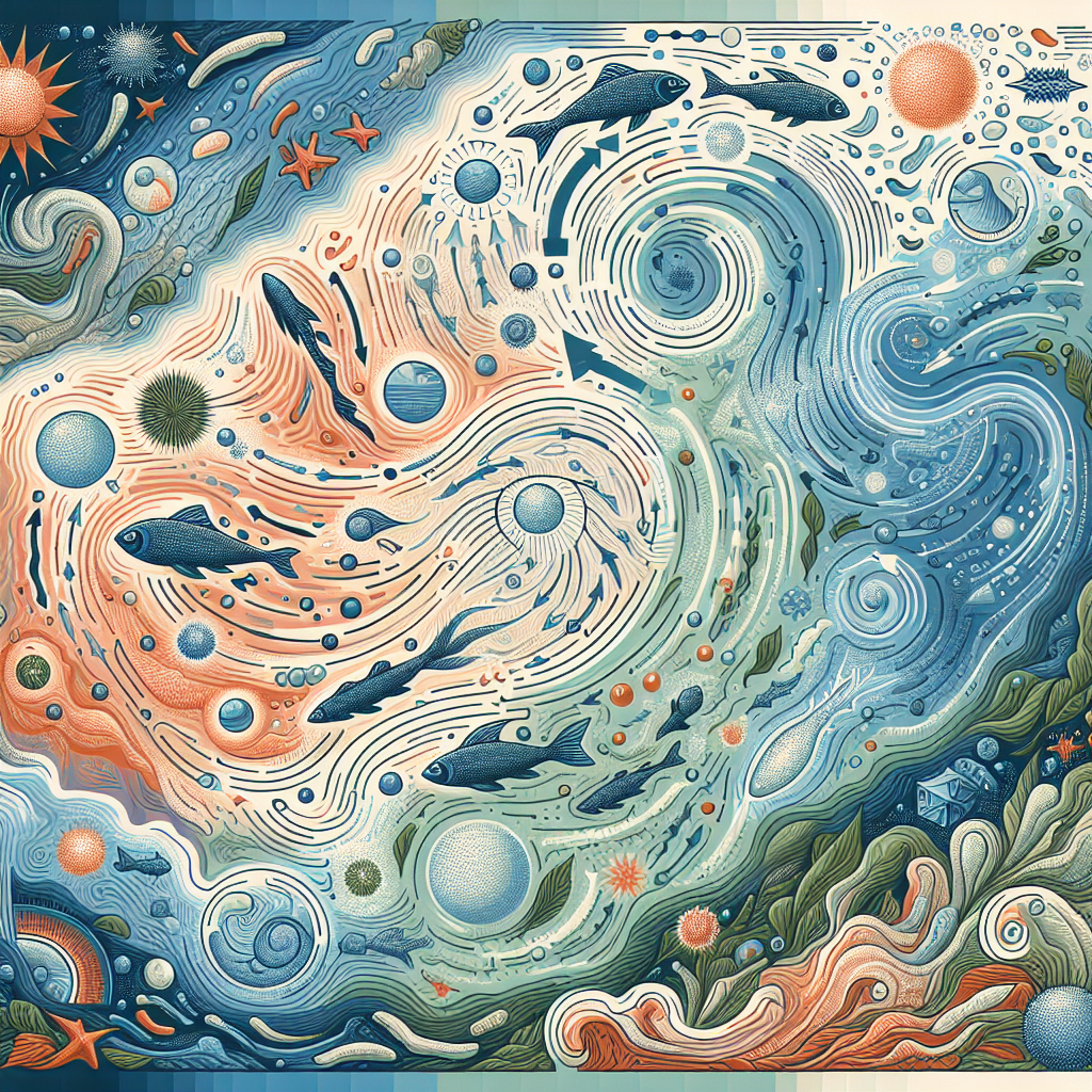 Create a detailed and insightful representation of the relationship between ocean currents and convection currents. The image must visualize the complexity of the ocean, full of various marine life and textures indicating different currents. Must depict subtle movements suggesting the motion of water. Overlay these with abstract shapes and patterns that indicate hot and cool zones, demonstrating the concept of convection currents. Avoid showing any text in the illustration. Use a palette of blues, greens, and warm oranges and reds to differentiate between cool and warm zones respectively.
