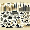 A representation of East Asia that includes various elements related to the lifestyle, culture, and environment. Show a skyline with essential elements of both traditional and modern architecture. Incorporate elements of nature such as mountains, rivers, and trees. Also incorporate symbols related to East Asian culture like a tea ceremony, a rice paddy field, and a person practicing martial arts. Please ensure the image does not contain any text.