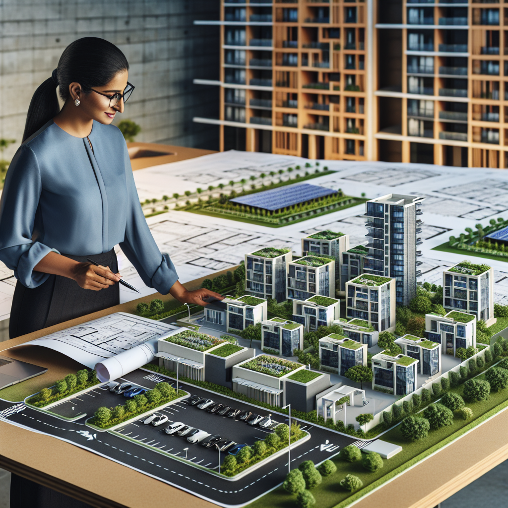 Create an image that depicts an urban city planner, of South Asian descent and a female gender, reviewing blueprints on a large table. In the background, an architectural model of an apartment complex featuring several buildings scattered throughout lush, green open spaces is situated. A conspicuously designed paved parking area with electric vehicle charging stations is visible near the buildings, subtly indicating eco-friendly measures taken. Additionally, the roofs of the apartment buildings are adorned with solar panels, suggesting another way of minimizing human impact on the environment. This image contains no text.