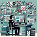 Illustrate a conceptual image of someone in the process of researching on a computer. The Caucasian male is sitting at a desk filled with sources of information like newspapers, magazines, books, and a laptop displaying an academic website. On the screen of the laptop, show abstract symbols to hint at the quality of information – a green check mark for credible source, a red 'X' for biased information. Make sure to not include any text in the image.