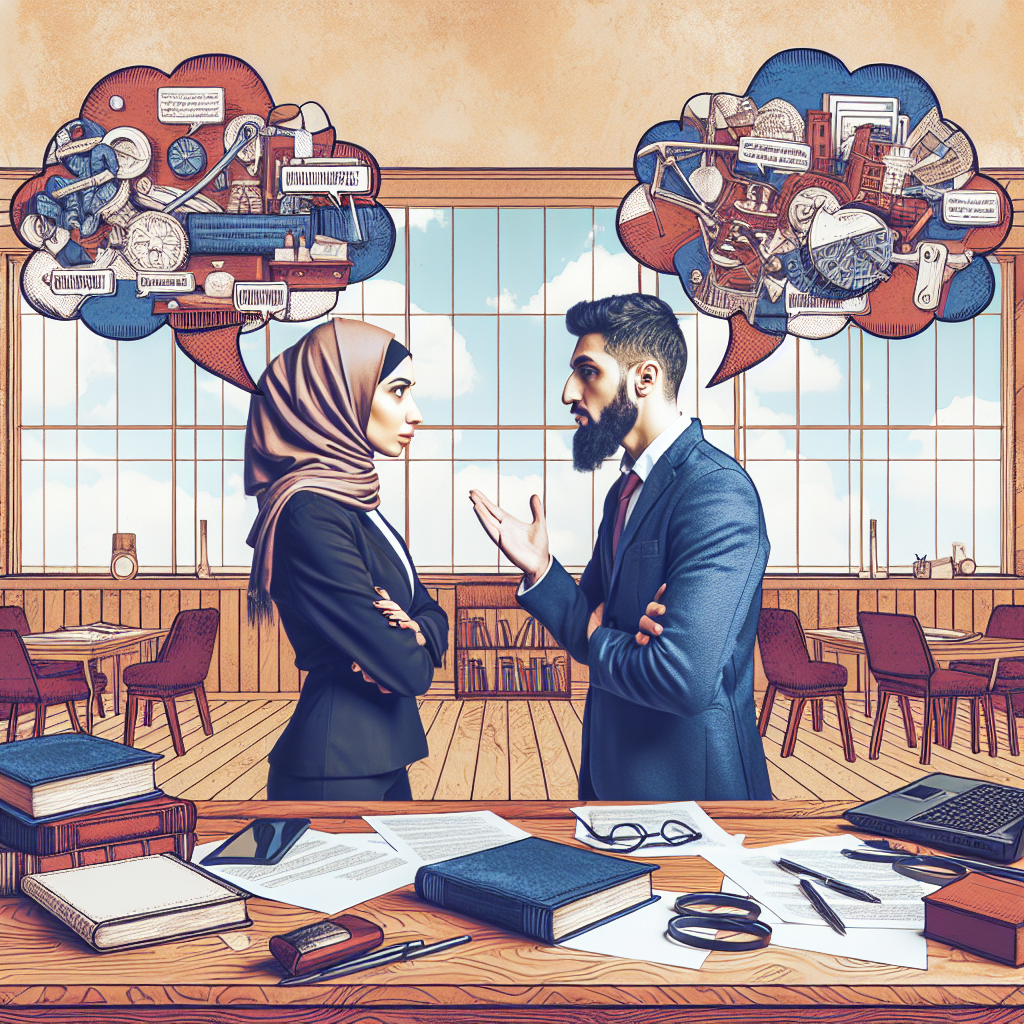 Create a vivid image of a lively debate between two people - an intelligent Middle-Eastern woman and a knowledgeable Caucasian man. They stand on opposite sides, discussing heatedly yet respectfully. Over their heads appear thought bubbles, graphics depicting the counter and supportive arguments they raise against a certain claim. The surroundings portray an environment conducive to such intellectual exchanges, like a library or a study room with books and stationery scattered on a wooden table.
