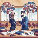 Create a vivid image of a lively debate between two people - an intelligent Middle-Eastern woman and a knowledgeable Caucasian man. They stand on opposite sides, discussing heatedly yet respectfully. Over their heads appear thought bubbles, graphics depicting the counter and supportive arguments they raise against a certain claim. The surroundings portray an environment conducive to such intellectual exchanges, like a library or a study room with books and stationery scattered on a wooden table.