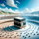 Create an image showing an empty, peaceful oasis with a cube-shaped building, suggestive of the Kaaba, in the center under a bright, blue sky. Around it, people of different genders and descents, dressed in traditional Middle-Eastern robes, are peacefully praying, sitting or walking. Depict the environment surrounding the cube-shaped building in gradual transition from a more arid, empty state to a more lush and lively one, symbolizing a transformation.