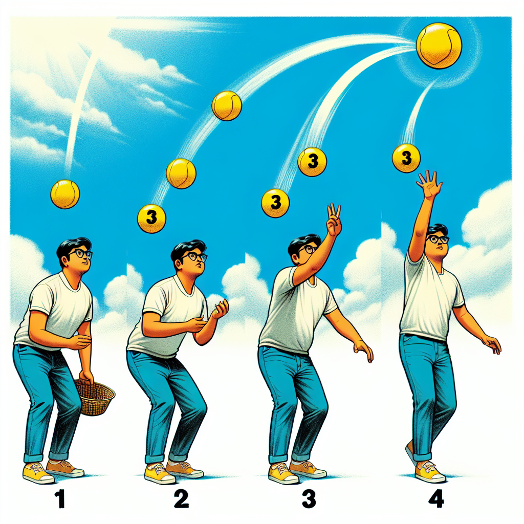 Illustrate a scene where a south Asian gentleman, dressed in casual clothes, is in the process of throwing a bright yellow ball into the cloudless sky. The ball is depicted at multiple points along its trajectory, each one separated and numbered from 1 to 4. Number 1 shows the ball just leaving the man's hand, Number 2 shows it halfway up its trajectory, Number 3 shows the ball at its highest point, and Number 4 shows the ball just before it hits the ground.