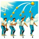 Illustrate a scene where a south Asian gentleman, dressed in casual clothes, is in the process of throwing a bright yellow ball into the cloudless sky. The ball is depicted at multiple points along its trajectory, each one separated and numbered from 1 to 4. Number 1 shows the ball just leaving the man's hand, Number 2 shows it halfway up its trajectory, Number 3 shows the ball at its highest point, and Number 4 shows the ball just before it hits the ground.