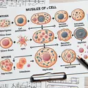 Visualize an image depicting the process of mitosis through the progression of a skin cell's lifecycle. It should include stages where the cell differentiates, slows down (becomes quiescent), ages (becomes senescent), and reproduces (replicates). Include symbols to depict these stages but make sure the image contains no text. It should be educational, engaging, and clear enough for a student studying the Unit 7, Lesson 3 inputs and outputs of mitosis.