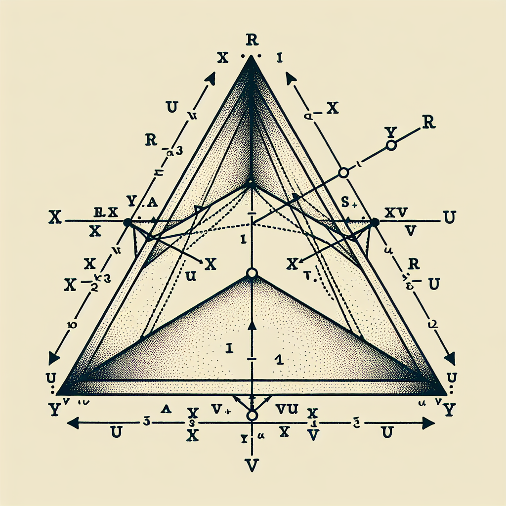 Create a detailed illustration of a triangle diagram. The diagram should be explicitly labeled with points named R, S, U, V, and W. Additionally, include an unidentified variable x associated with the angle between UV and UW, and an unidentified y associated with the angle between RS and UV. Lastly, there should be noticeable but unidentified lengths for RS, UW, and UV. The image should not contain any text, measurements, or numerical values.