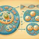 Create an visually attractive image related to biology and the study of cellular division. The image should visually represent the process of mitosis, showing a parent cell on the left with its nucleus and chromosomes labeled, and two daughter cells on the right. An arrow should indicate the replication of DNA and the process of mitosis. There should be no text present within the image. Also, hint at certain parts of the process being omitted, emphasising the limitations of a two-dimensional representation of such complex biological processes.