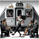 A lively image showing two individuals in a train enroute north at a speed of 10 m/s. The passengers are of Black and Hispanic descent respectively, one is a male and the other a female. They are curiously walking 1 m/s towards the southern direction in relation to the train's direction. The surrounding exterior of the moving train signifies a static ground as reference point, with distinct north-bound motion indicating 9 m/s. Remember not to incorporate any written content in the visual representation. Make sure to highlight the universal rule of motion relative to light speed.