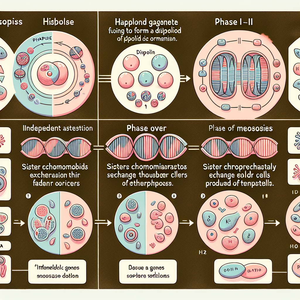 A visual representation of various processes and concepts related to genetics, without any text. Display a haploid gamete fusing to form a diploid organism, illustrating the correct number of chromosomes. Show two genes separately showcasing independent assortment. Distinguish between phase I and phase II of meiosis, emphasizing the difference in the number of daughter cells produced in each phase. Depict the process of 'crossing over' where sister chromatids exchange sections of their DNA, contributing to genetic diversity. Lastly, signify the concept of heredity, the process where genetic information is passed from parents to their offspring.