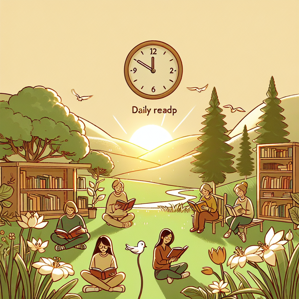 Illustrate an image depicting the concept of daily reading. The scene should hold a serene environment, well-lit by warm sunlight, with a diverse set of people engaged in reading various types of books. Ensure that a visible timer set at twenty minutes is in the corner of the scene. Additionally, imagery related to improvement, perhaps symbolized by a flowering plant or fledgling bird, should subtly be included. Keep in mind, the image should contain no text at all.