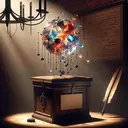 An abstract image representing democracy and voting. Illustrate a vintage style ballot box made of dark oak wood casting a shadow, a translucent conceptual sphere composed of various colored shards to signify the idea of diversity, and an inked quill signifying the act of voting. The scene should be set in an antique room lit by a glowing, simple iron chandelier, emitting a soft light to create a refined, serious atmosphere. Remember that the image should not contain any text.
