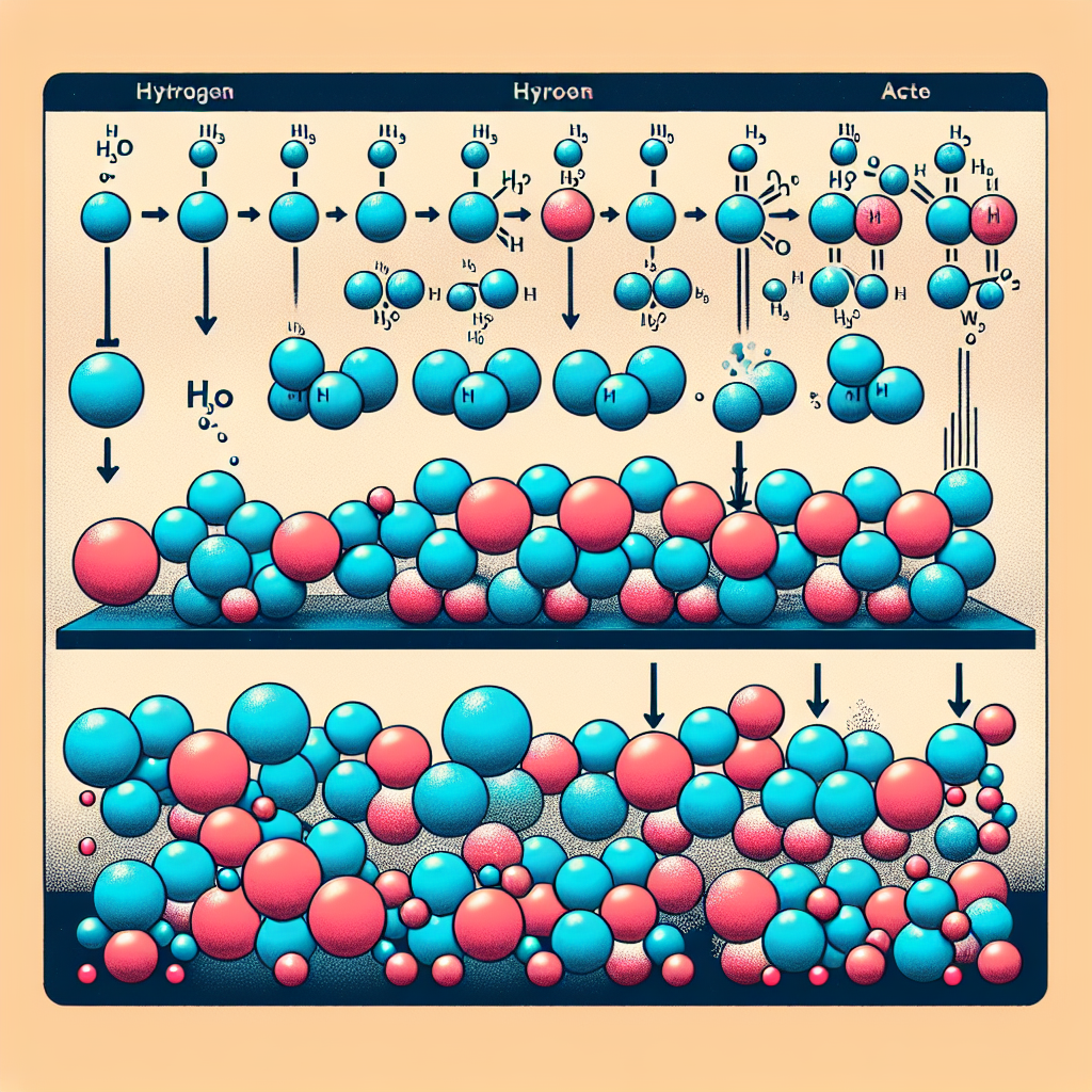An educational and illustrative image featuring a chemical reaction. Show an arrangement of 20 atoms of hydrogen represented by smaller spheres, and associate them with equal number of atoms of chlorine represented by larger spheres. Illustrate these atoms progressively reacting and transforming into 20 molecules of hydrochloric acid. The transformation should be depicted visually from left to right indicating the progress of the reaction. Keep the colors eye-catching but scientifically accurate. Do not include any text in the image.