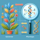 An attractive and educational image illustrating the relationship between genotype and phenotype. Picture a plant in its colorful form symbolizing observable traits or phenotype and compare it with a magnifying glass examining its DNA structure signifying the genetic makeup or genotype. It should include arrows or diagram-like features showing the influence of genotype on phenotype. There should be balance in color, detail, and simplicity, with no text included.