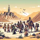 Illustrate an event from the early history of Islam, where a group of people, portrayed as a varied mix of Middle-Eastern men and women, are undertaking a journey from a city in the desert. This city, Mecca, is visible in the background. They're heading towards an oasis-like location, signifying a place of survival and escape. To show the essence of the event known as Hijra, emphasize elements like desert, camels, sparse belongings and determined faces on the travelers. Remember, the image should not contain any text.