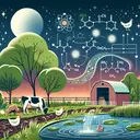 Visualize a scenic image of a rural farm setting where animals like cows and chickens are present. There is a sparkling pond nearby. Representation of bio-chemical phenomena, in the abstract form, could be the motifs of nitrogen cycling through nitrates, ammonia, and nitrogen gas emanating from animal waste and dissolving in water bodies nearby. No direct depiction of waste, keep it subtle and aesthetic. Make sure there's no text in the image.