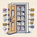 Generate an imagery representation of the concept in the grammar query. A door with discrete compartments representing options. In compartment A, a piece of paper is being erased representing 'denoting an omission'. In compartment B, a broken pencil indicating 'an abrupt break in thought or structure'. In compartment C, create a pause button and a list of items symbolizing 'pausing in a sentence or separating items in a list'. And in compartment D, a full stop symbol insinuating 'marking the end of a sentence'. No written elements are present in the image.